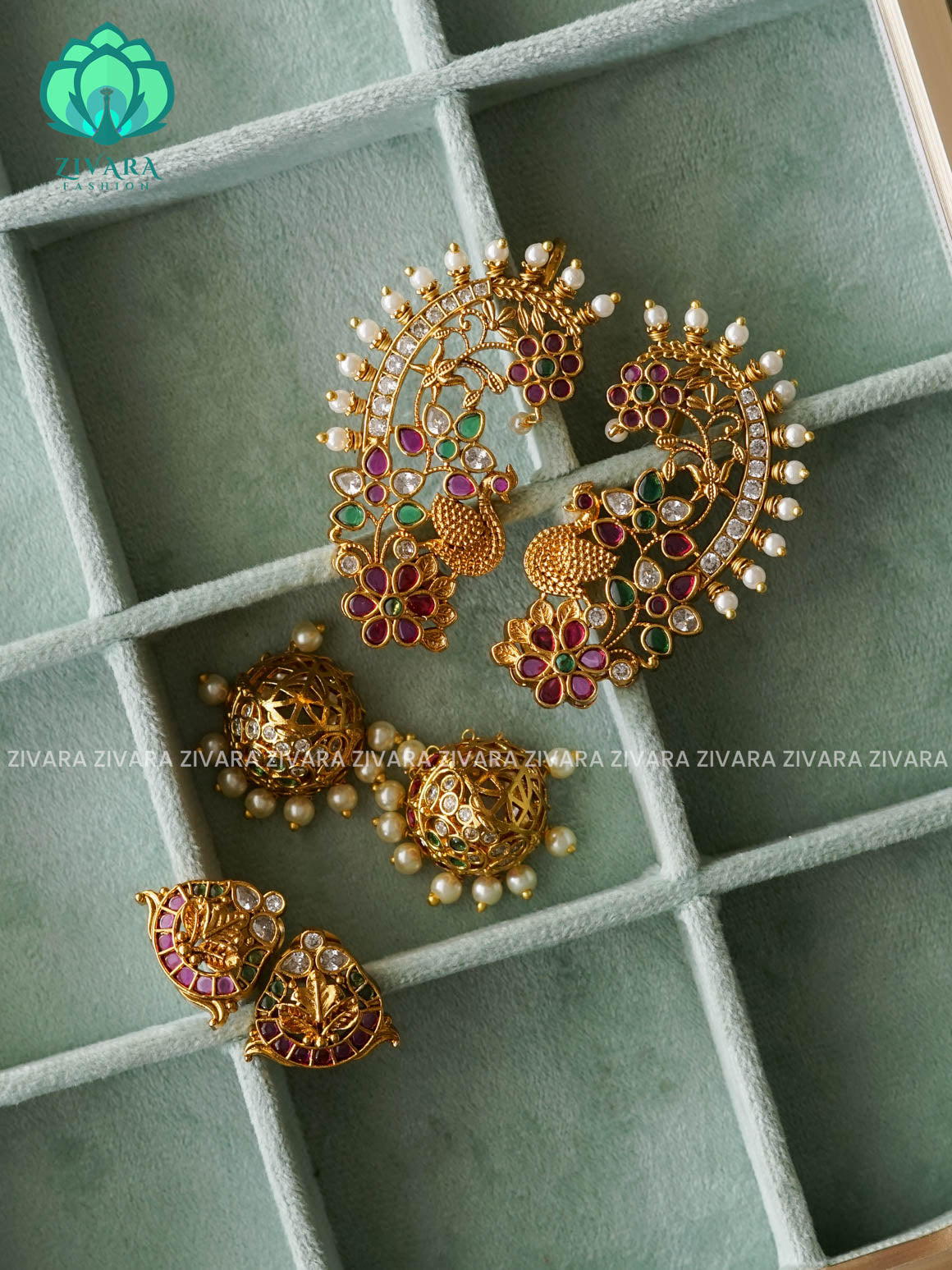 MRUNAL- 4 IN 1 GREEN RUBY REAL KEMP PEACOCK  EARCUFF JHUMKA - latest jewellery collection- zivara fashion