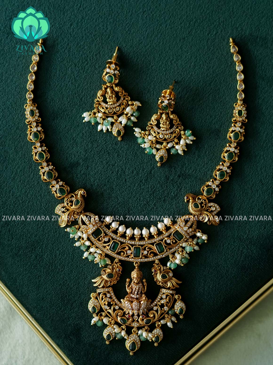 AKSHAYAM -  GREEN STONE LAKSHMI WITH PEARL hangingS BRIDAL neckwear with earrings- Zivara Fashion