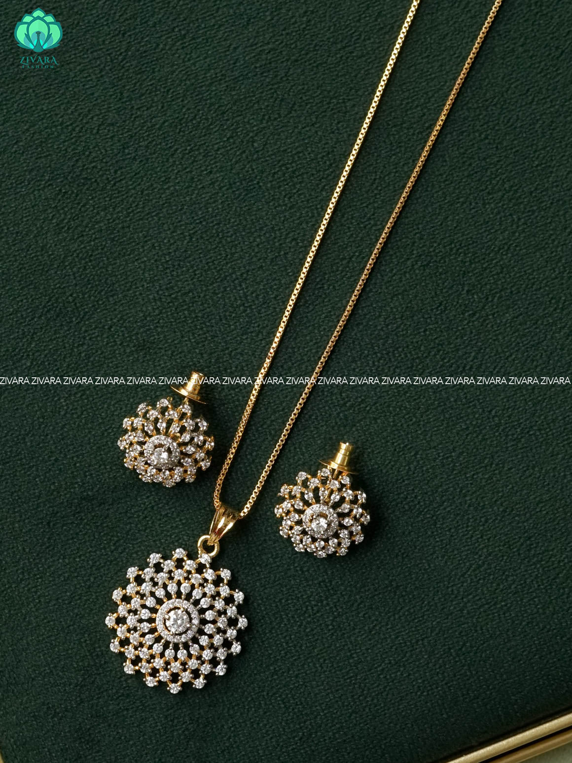 Zyra- Diamond replica Rhodium  polish pendant set and earrings ( CHAIN COMPLIMENTARY)  -Trending office wear jewellery-Zivara fashion
