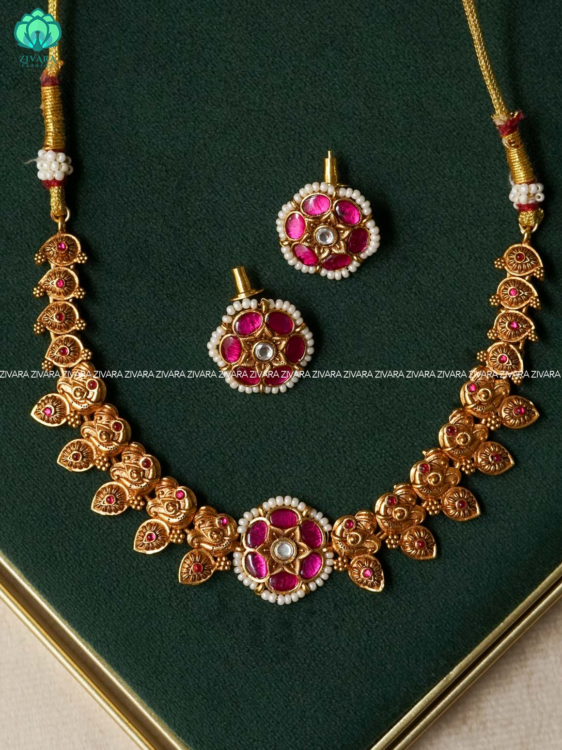 AKSHAYAM - JADAU FLOWER NECKWEAR  -Traditional south indian premium neckwear with studs - Zivara Fashion- latest jewellery design