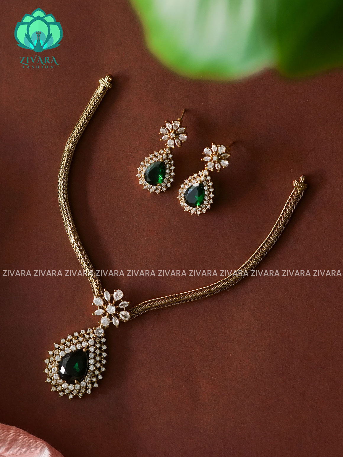 GREEN BIG TEAR PENDANT KIDS FRIENDLY GREEN PENDANT WITH FLEXIBLE CHAIN   -  Traditional south indian premium neckwear with earrings- Zivara Fashion- latest jewellery design