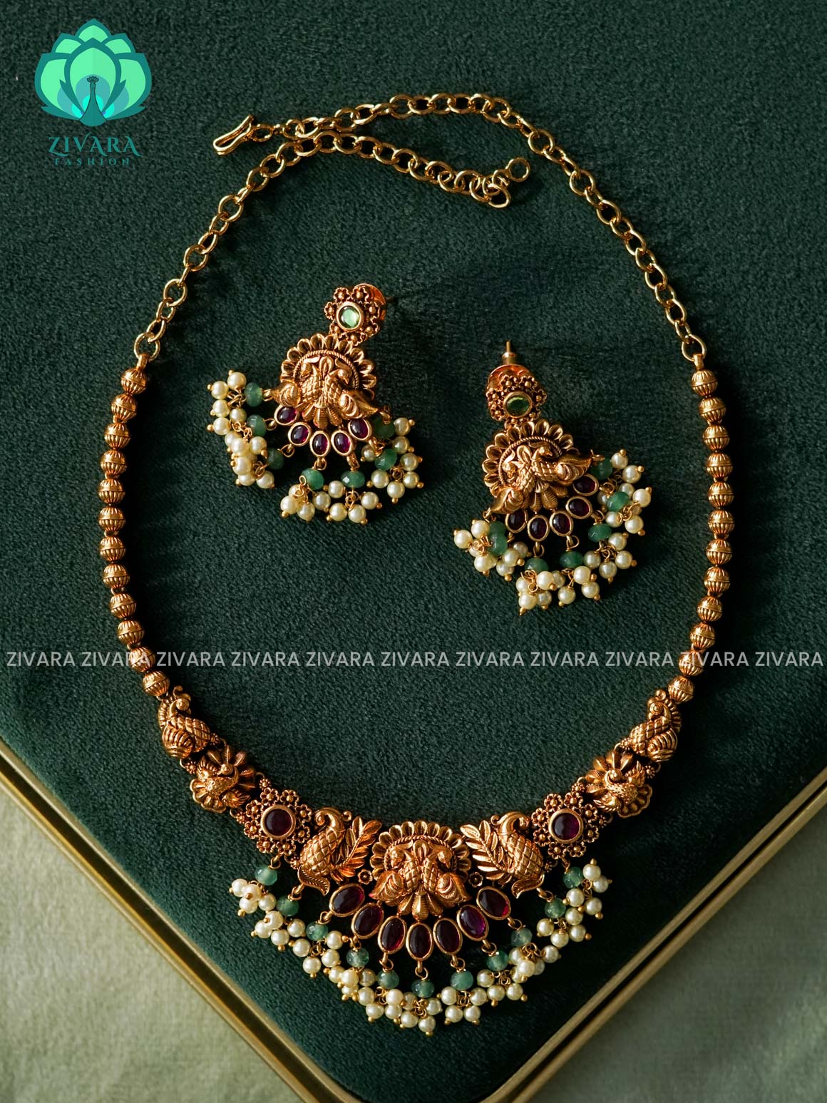 Akshayam- green bridal temple neckwear -Traditional south indian premium neckwear with earrings- Zivara Fashion- latest jewellery design