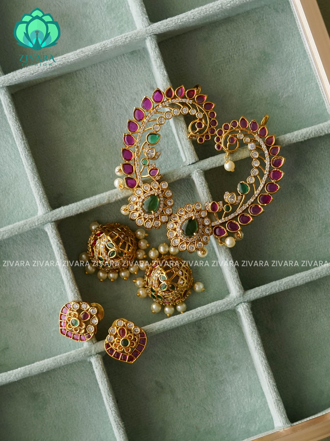 MRUNAL- 4 IN 1 GREEN RUBY REAL KEMP  EARCUFF JHUMKA - latest jewellery collection- zivara fashion