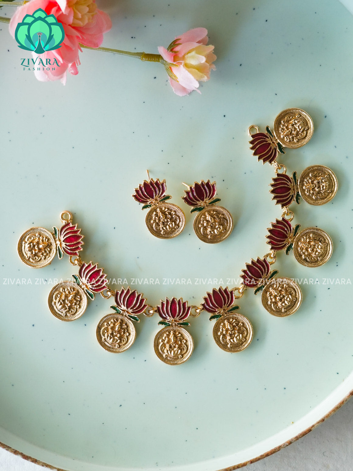 MANJU WARRIER  inspired Trending NORMAL MATTE lotus enamel neckwear with earrings- Zivara Fashion- latest jewellery design