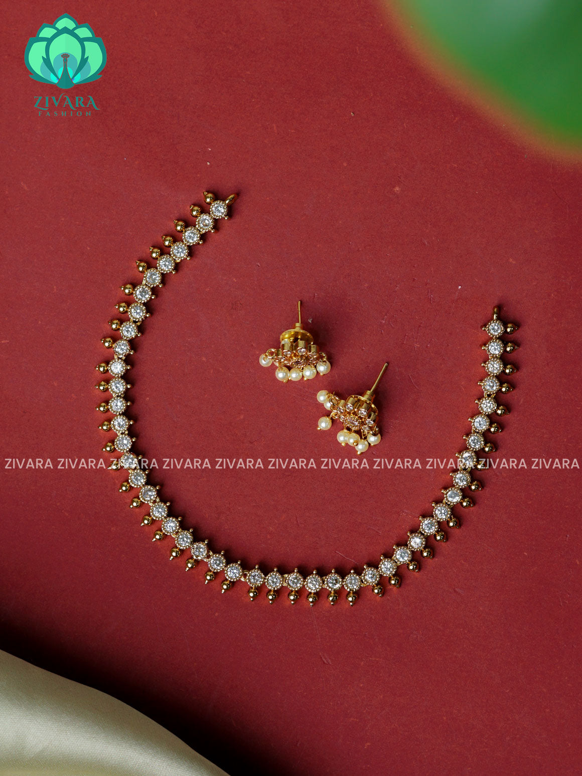 WHITE SMALL SIZE - Simple -Traditional south indian premium neckwear with earrings- Zivara Fashion- latest jewellery design.