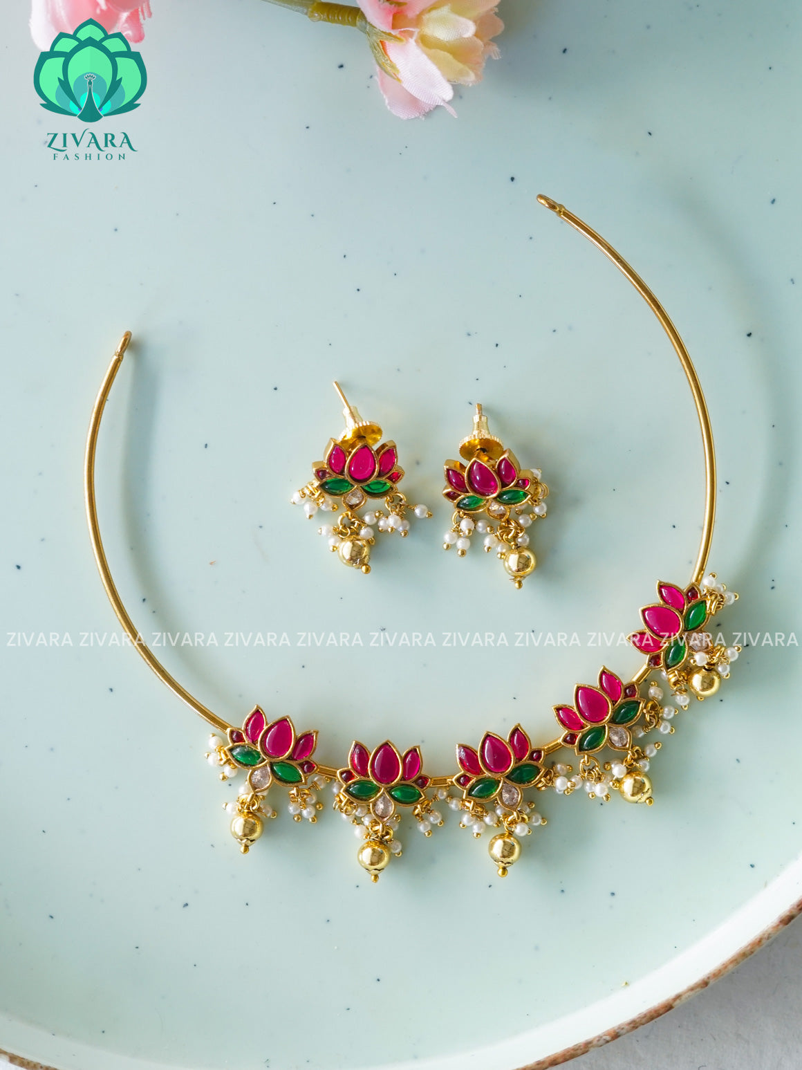 Cute LOTUS  hasli NECK WEAR WITh EARRINGS   - Premium quality CZ Matte collection-south indian jewellery