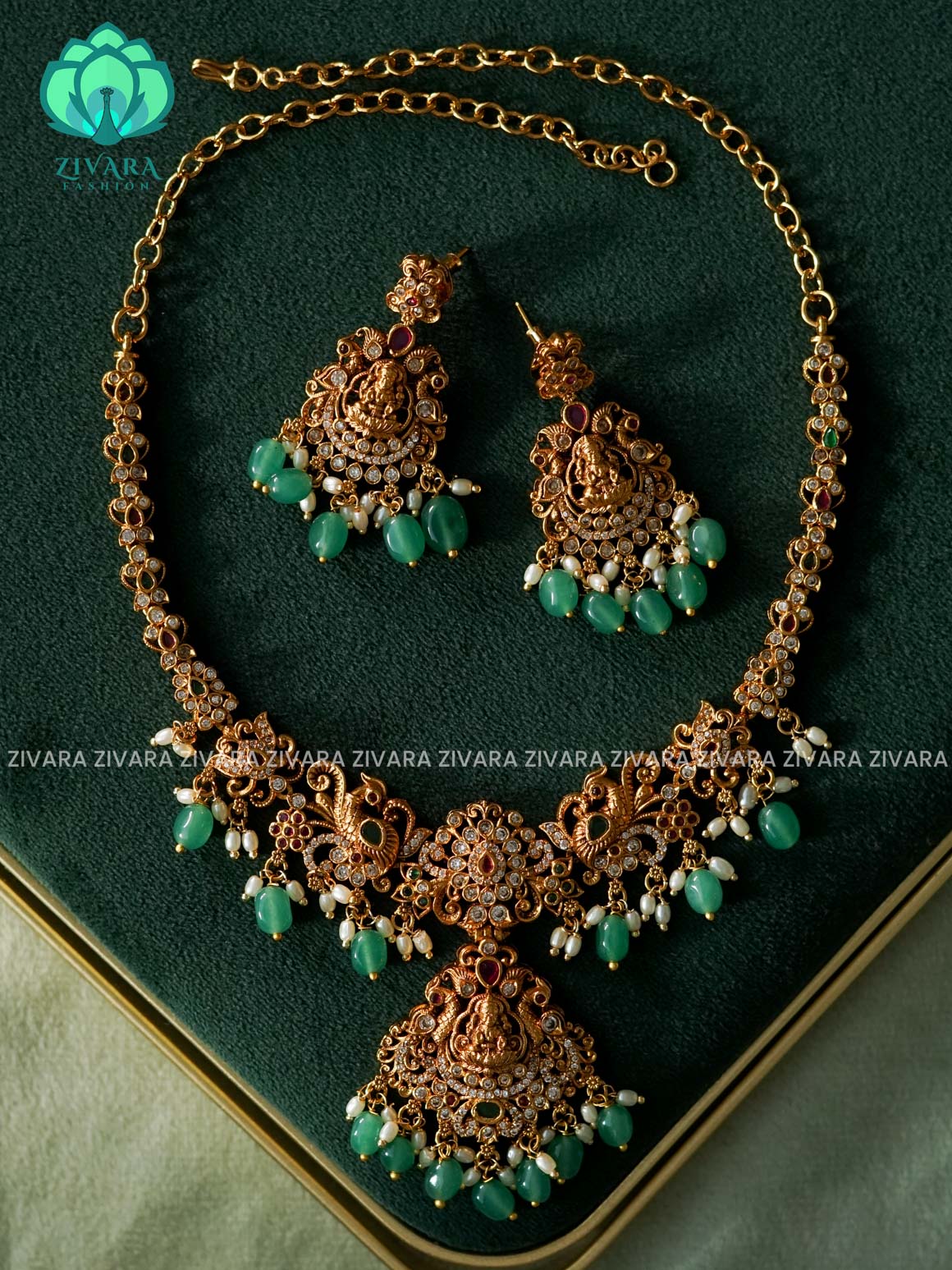 Akshayam-  temple neckwear with GREEN beads hangings  - Traditional south indian premium neckwear with earrings- Zivara Fashion- latest jewellery design