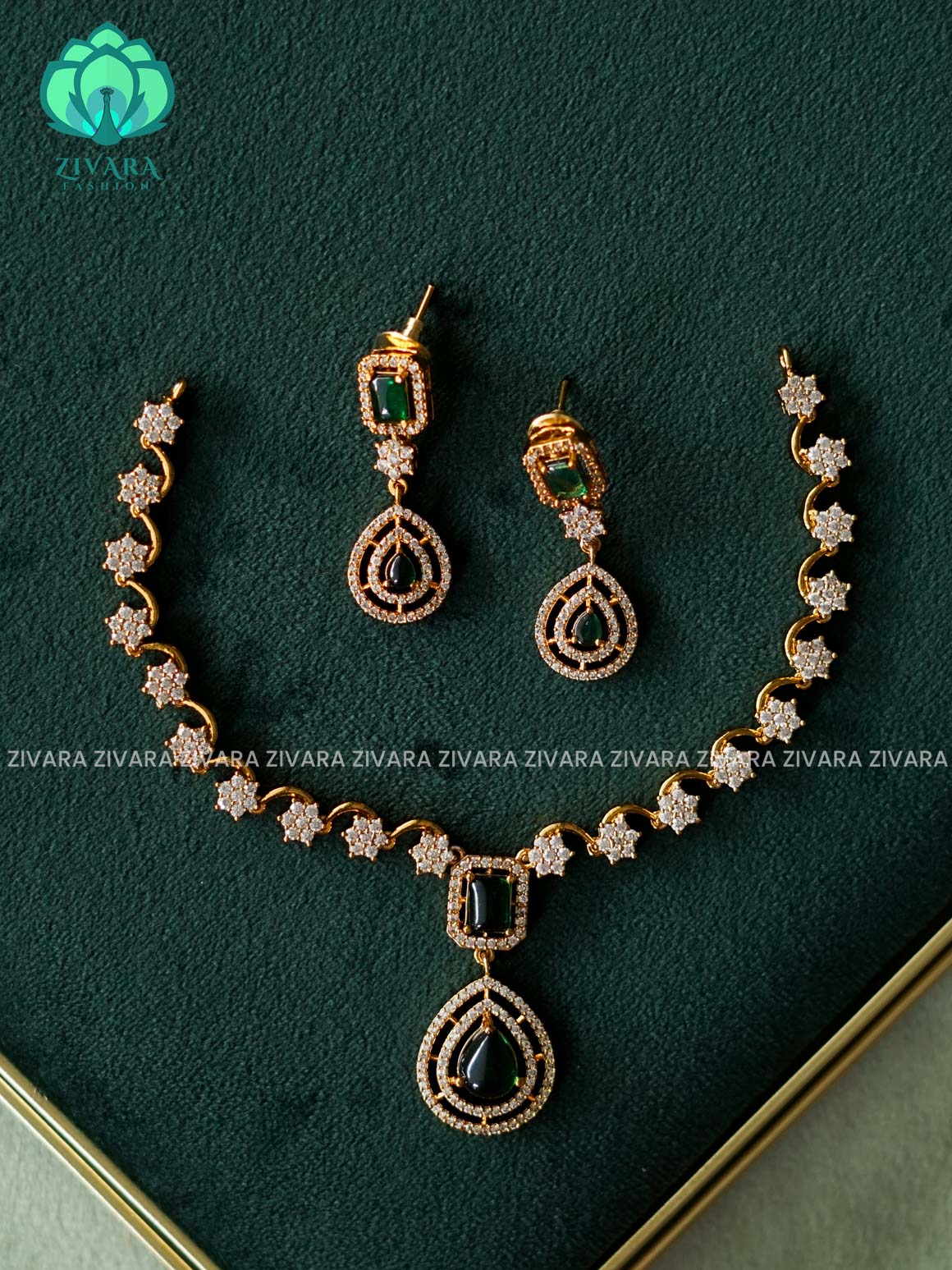 Kanya - GREEN  WHITE STONE DIAMOND REPLICA  - SUBTLE POLISH stylish and minimal elegant neckwear with earrings- Zivara Fashion