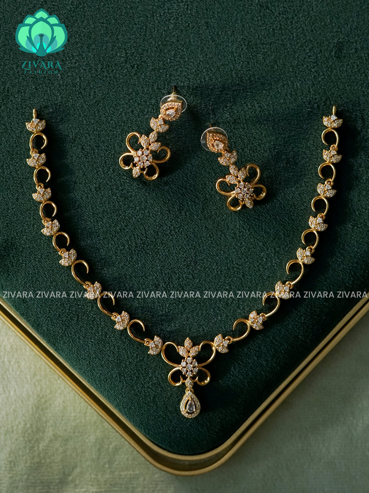 Kanya - WHITE STONE DIAMOND REPLICA - SUBTLE POLISH stylish and minimal elegant neckwear with earrings- Zivara Fashion