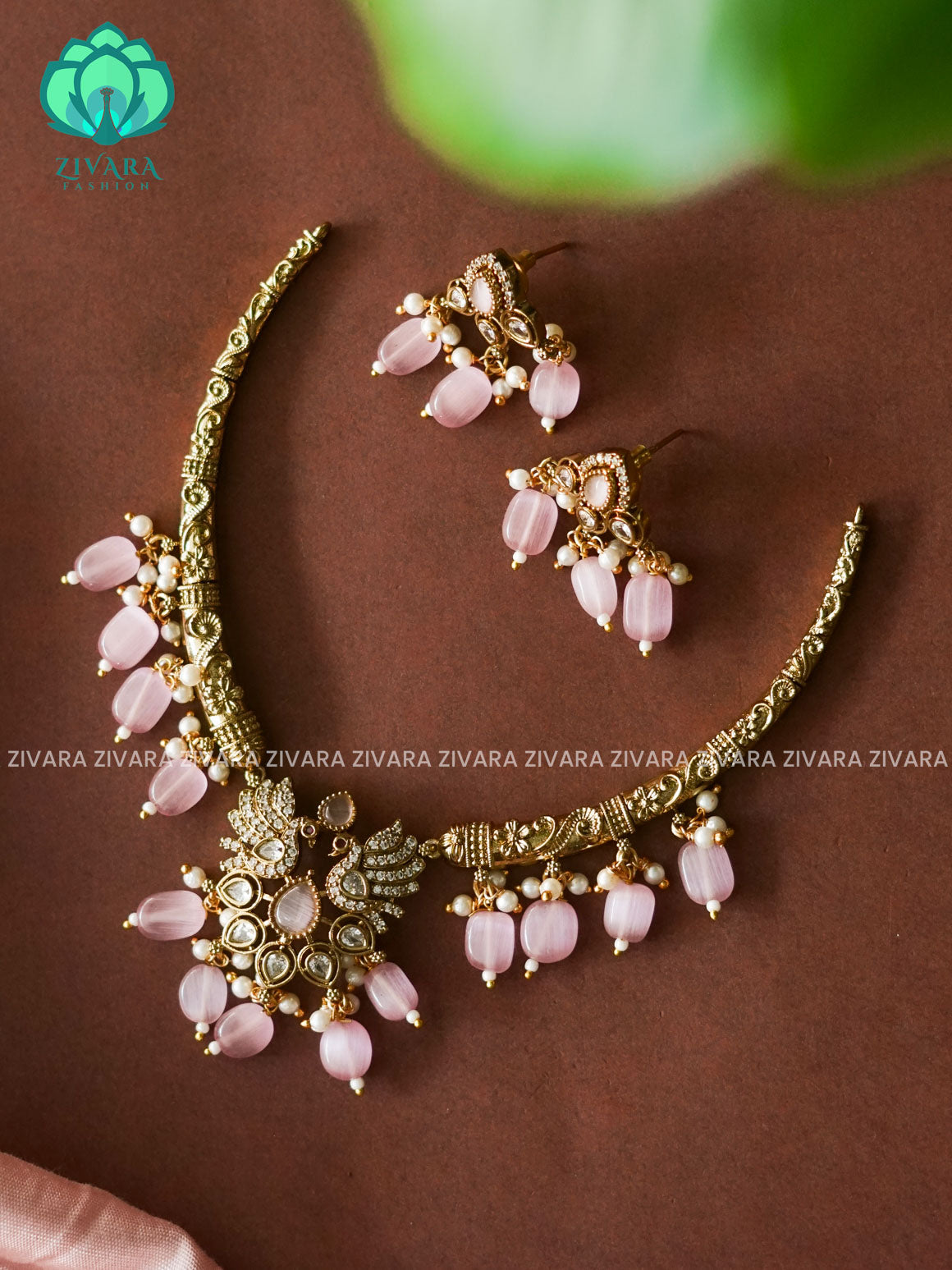 PASTEL PINK- PEACOCK- BRILLIANT finish horn neckwear with earrings  -  latest pocket friendly south indian jewellery collection