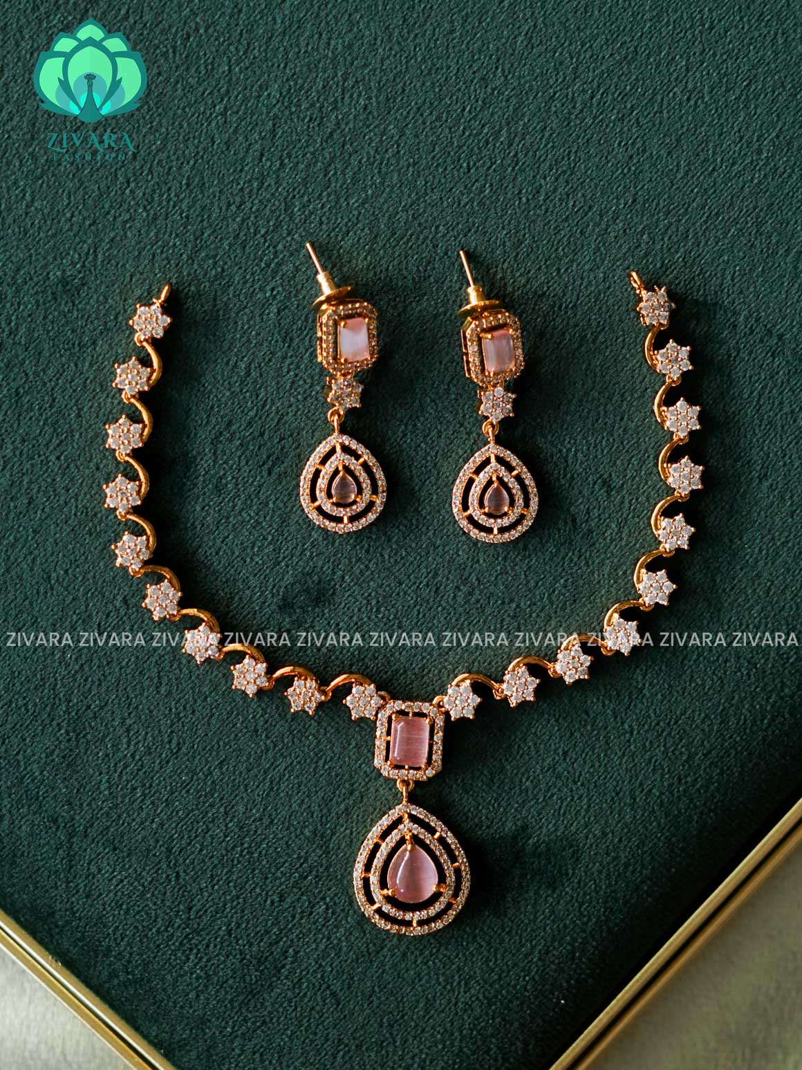 Kanya - PINK WHITE STONE DIAMOND REPLICA  - SUBTLE POLISH stylish and minimal elegant neckwear with earrings- Zivara Fashion