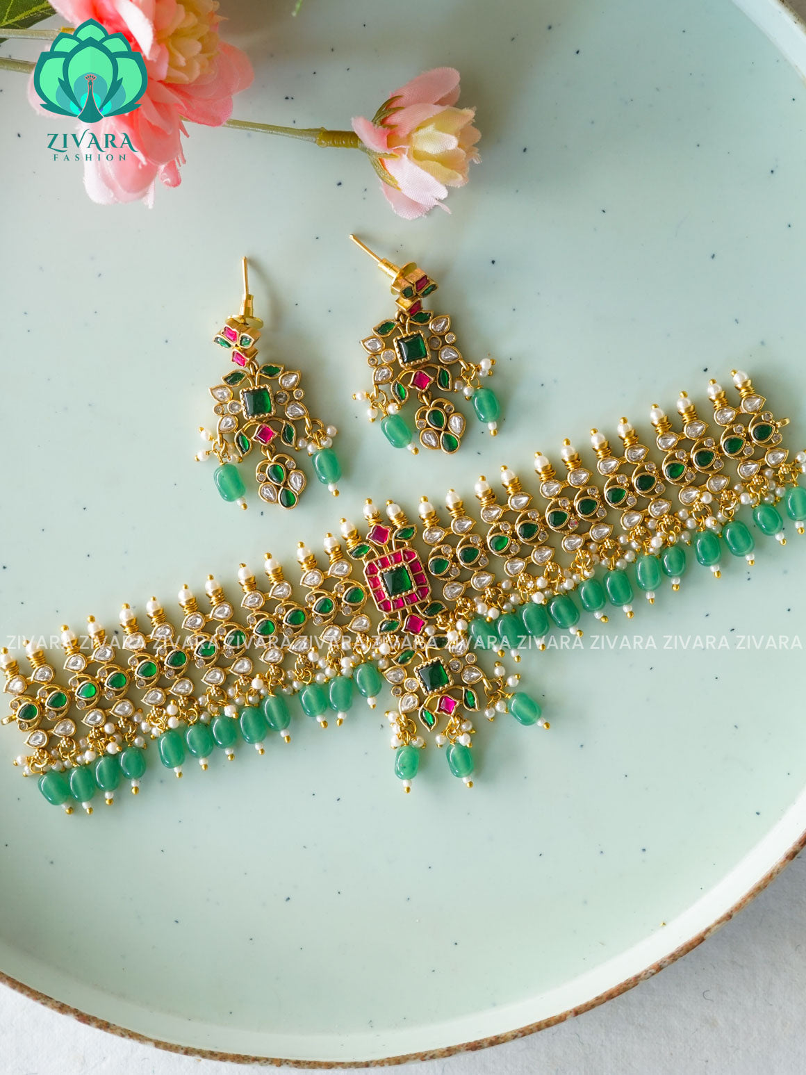 GREEN BEADS JADAU BRIDAL CHOKER.-KIDS FRIENDLY TRADITIONAL CHOKER COLLECTION WITH EARRINGS- LATEST JEWELLERY COLLECTION