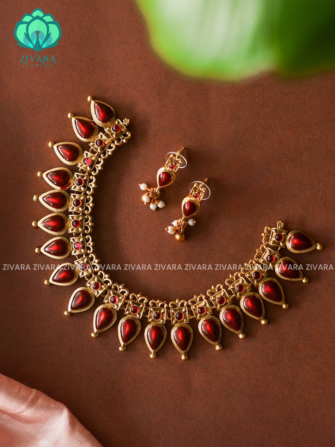 RED PALAKKA - TEAR   -Traditional south indian premium neckwear with earrings- Zivara Fashion- latest jewellery design