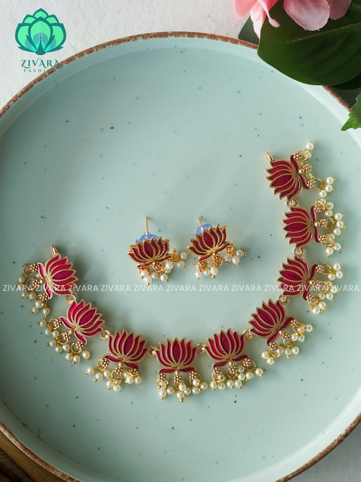 MANJU WARRIER  inspired PINK Trending NORMAL MATTE lotus enamel neckwear with earrings- Zivara Fashion- latest jewellery design