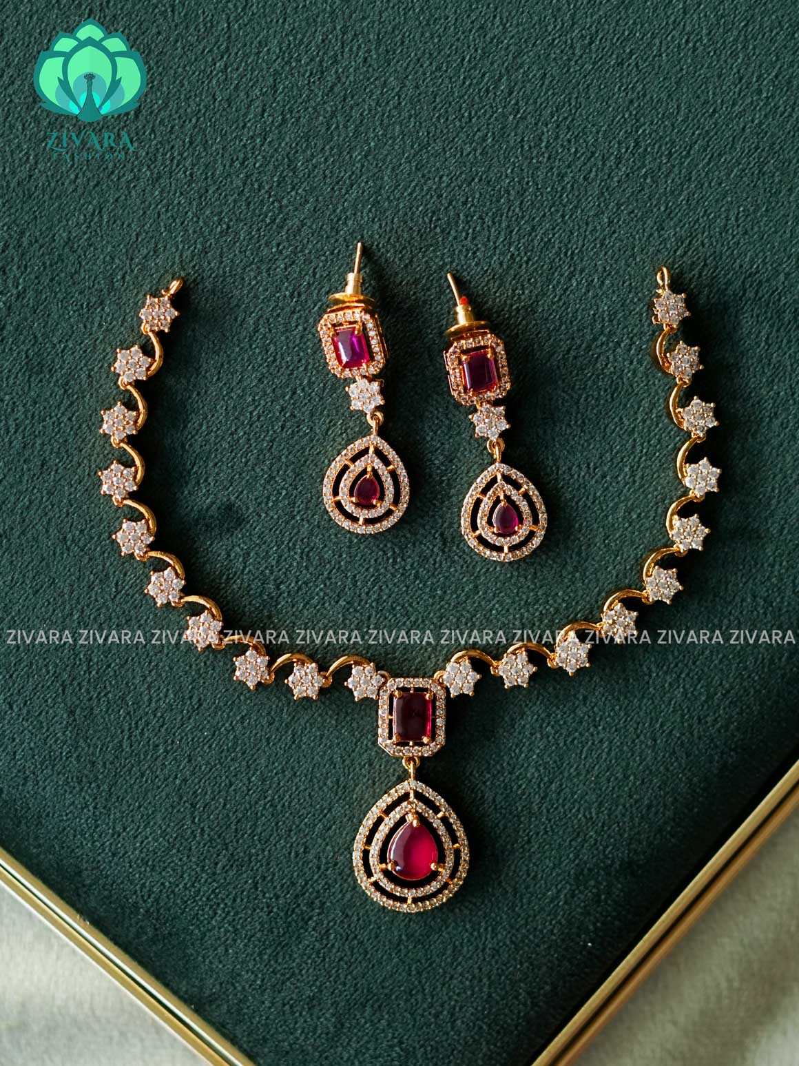 Kanya - RUBY WHITE STONE DIAMOND REPLICA  - SUBTLE POLISH stylish and minimal elegant neckwear with earrings- Zivara Fashion