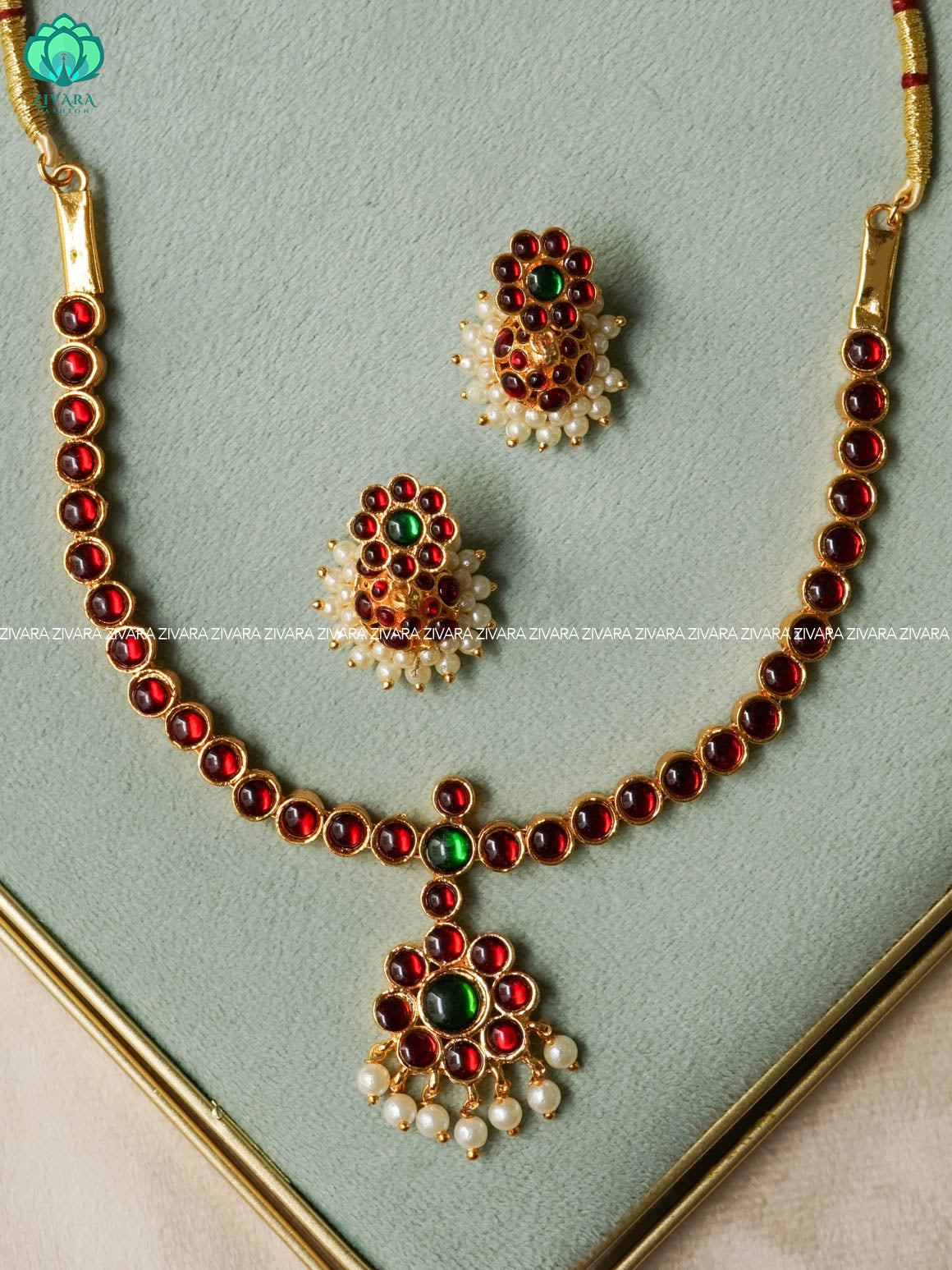 RED AND GREEN -CHINMAY - Simple kemp attigai neckwear with two line jhumka - latest kemp dance jewellery collection