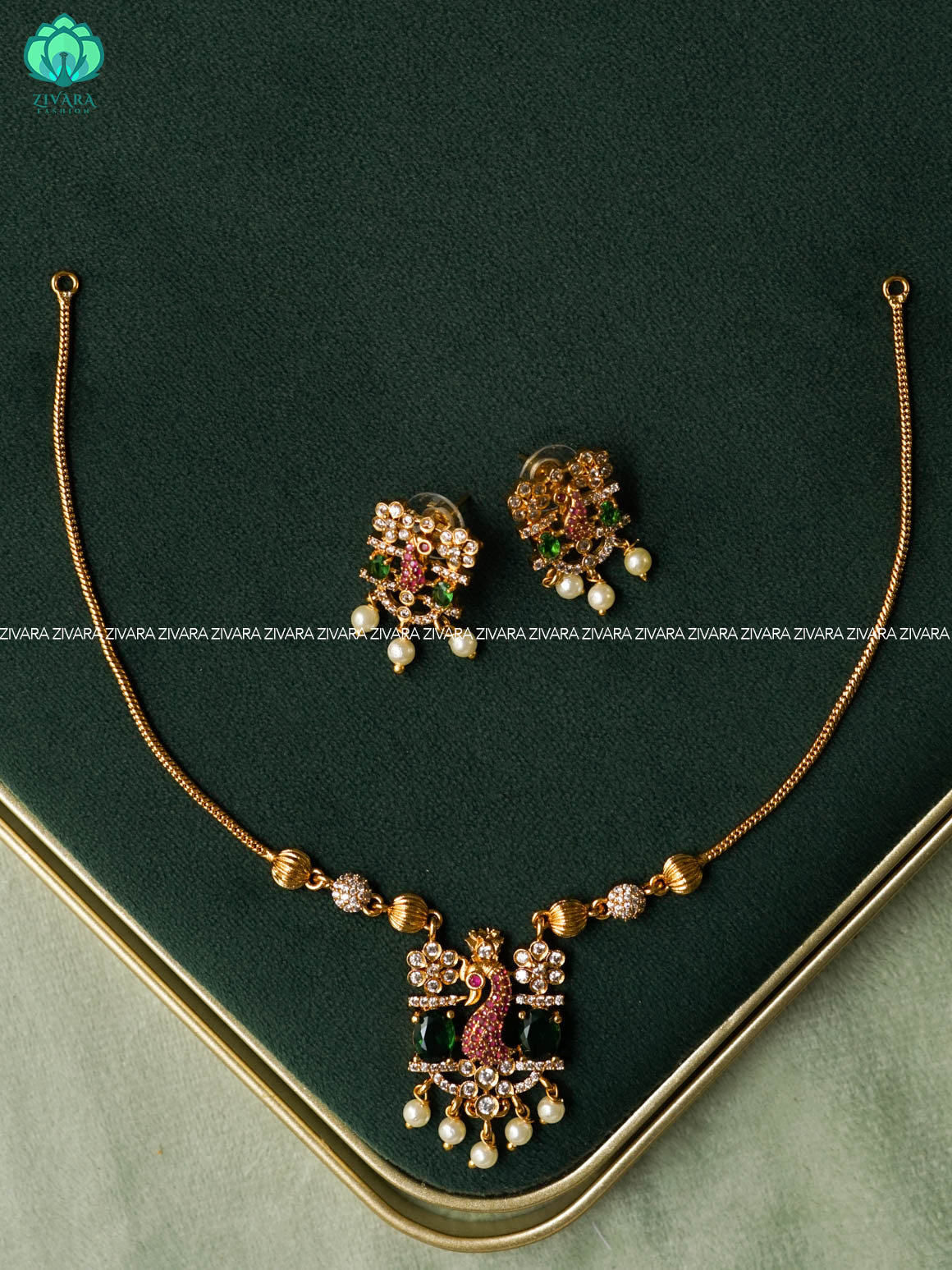 PEACOCK SIMPLE KIDS FRIENDLY FLEXIBLE CHAIN  - Traditional south indian premium neckwear with earrings - Zivara Fashion- latest jewellery design