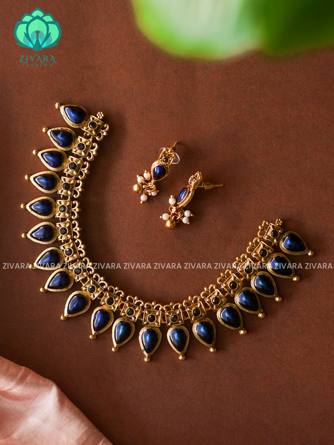 BLUE PALAKKA - TEAR   -Traditional south indian premium neckwear with earrings- Zivara Fashion- latest jewellery design