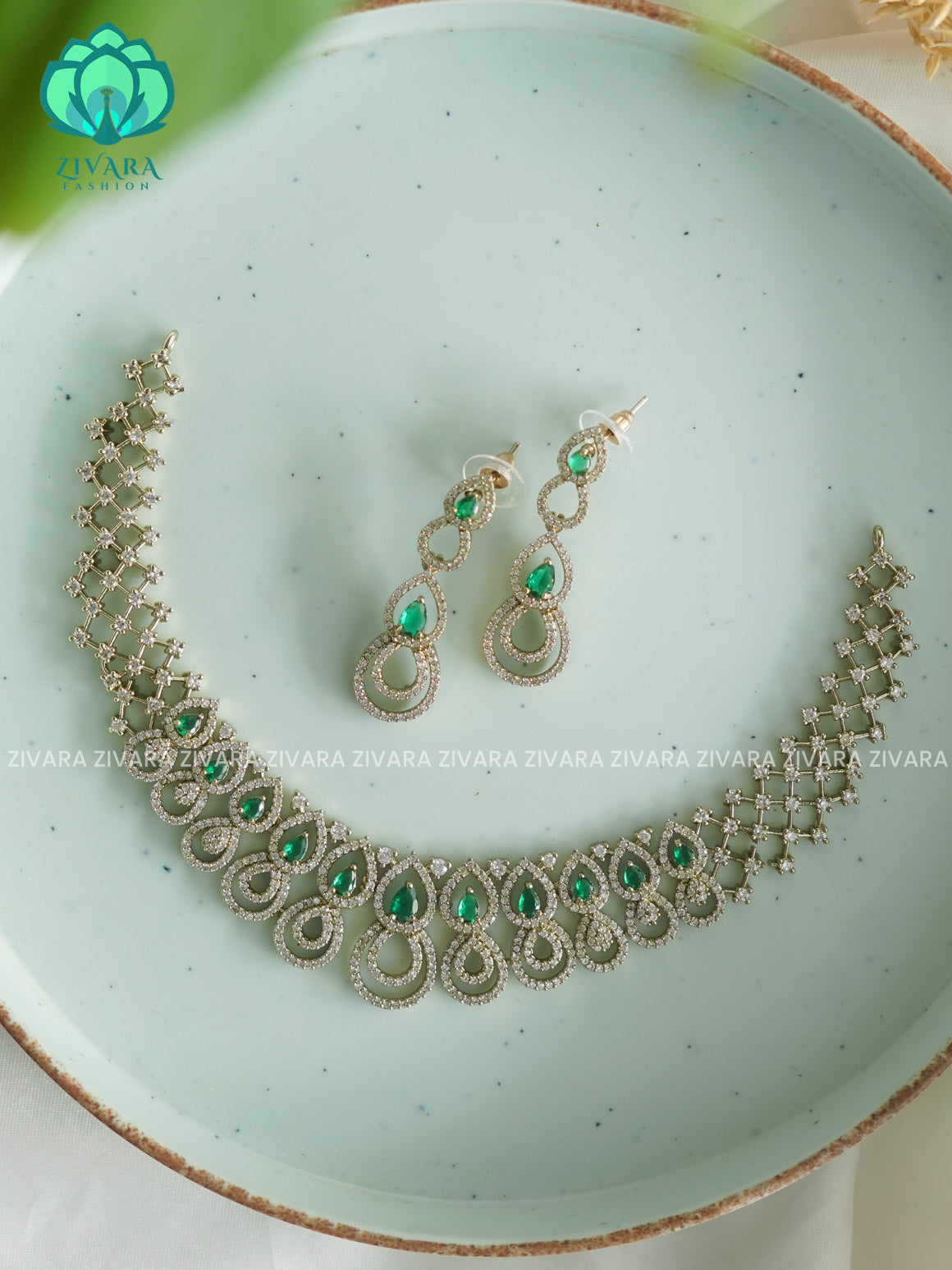GREEN TEAR -SUBTLE  stylish and minimal elegant neckwear with earrings- Zivara Fashion