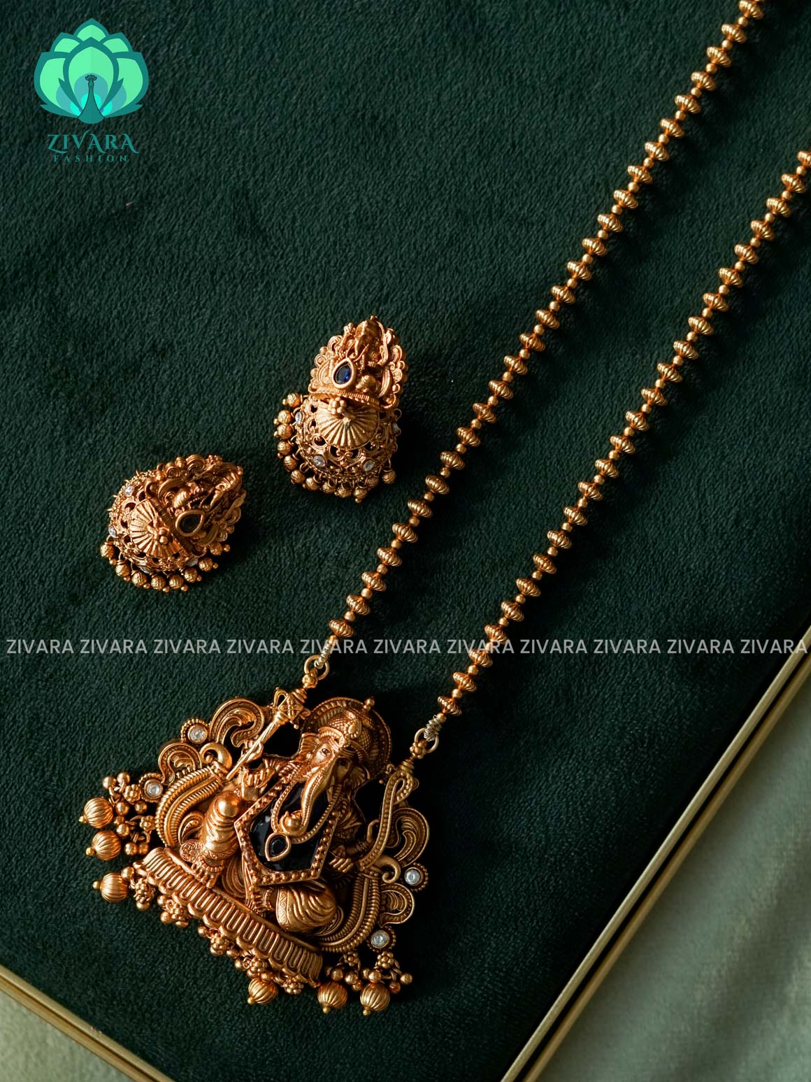 VISHALI BLUE STONE GANESHA PENDANT BALL CHAIN - Traditional NORMAL MATTE polish MIDCHEST haaram/neckwear with earrings- Zivara Fashion