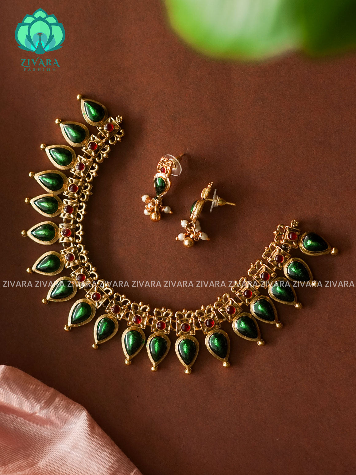 GREEN PALAKKA - TEAR   -Traditional south indian premium neckwear with earrings- Zivara Fashion- latest jewellery design