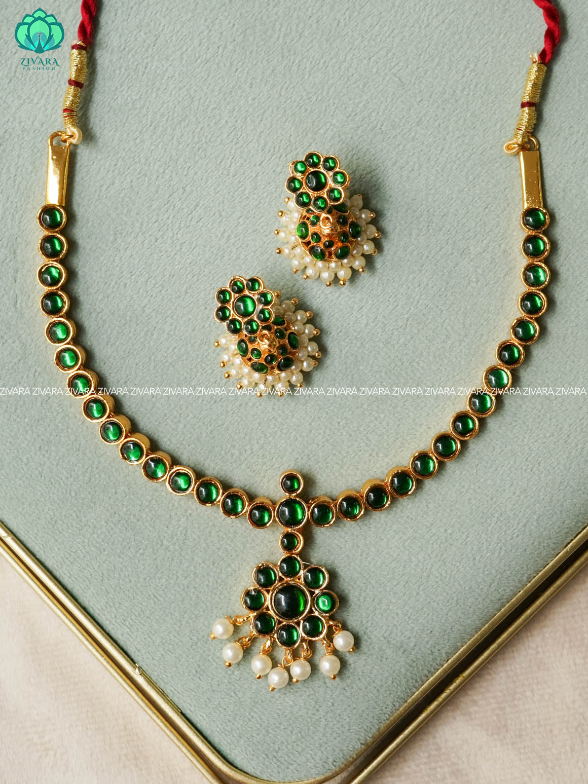 GREEN - CHINMAY - Simple kemp attigai neckwear with two line jhumka - latest kemp dance jewellery collection