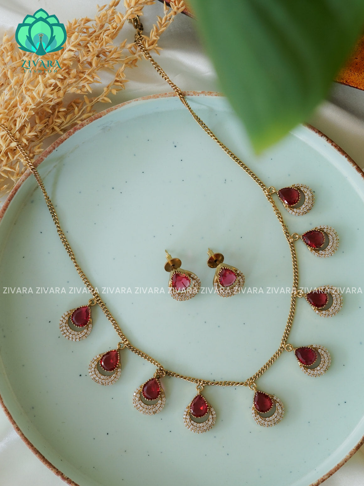 RUBY - FLEXIBLE CHAIN WITH HANGING TEAR -Traditional south indian premium neckwear with earrings- Zivara Fashion- latest jewellery design
