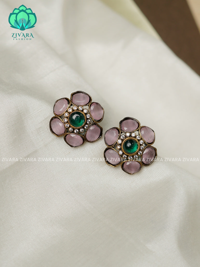 Pastel pink victoria flower studs - latest jewellery collection- zivara fashion