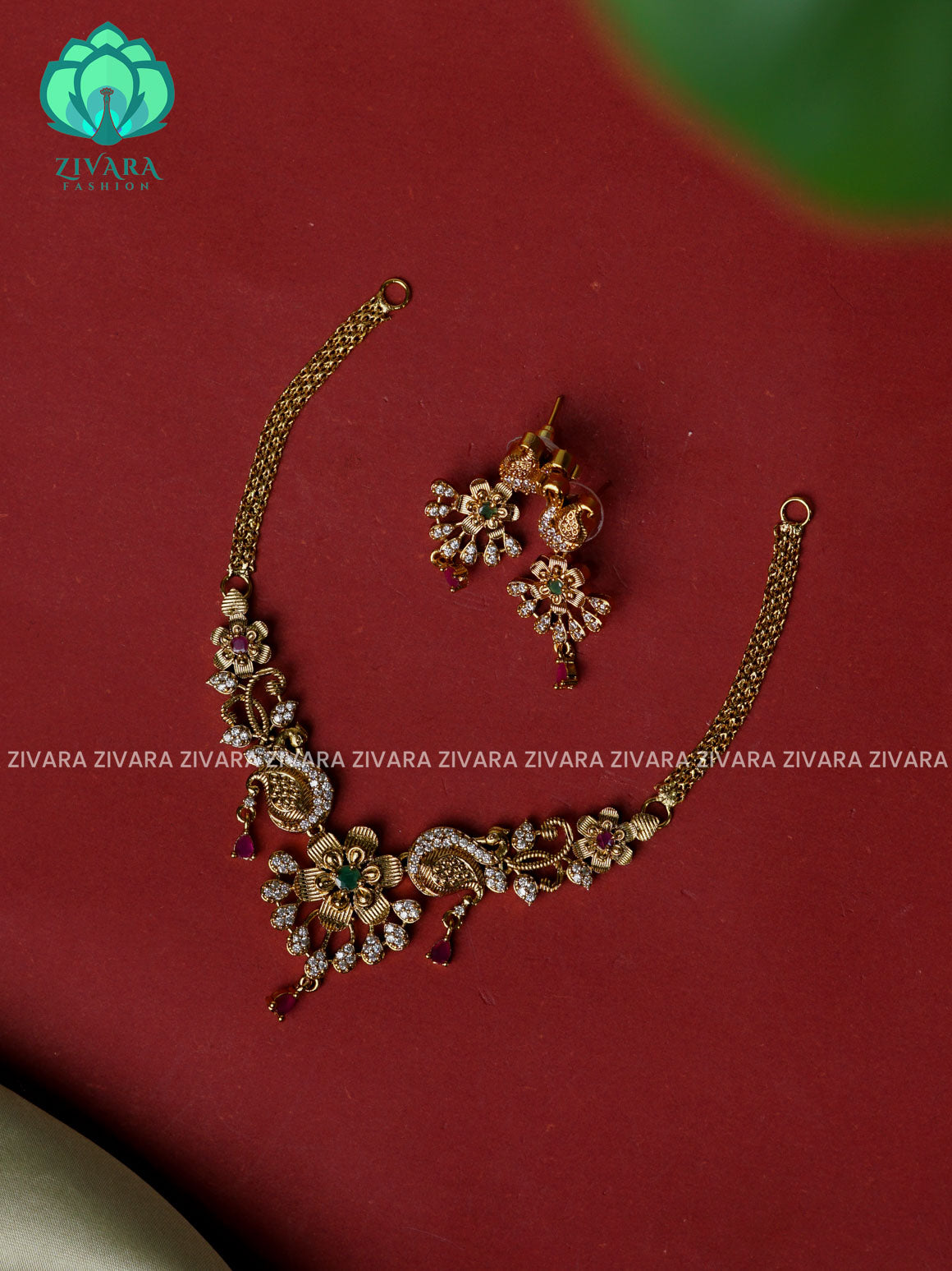 RUBY AND GREEN FLORAL -  Traditional south indian premium neckwear with earrings- Zivara Fashion- latest jewellery design.