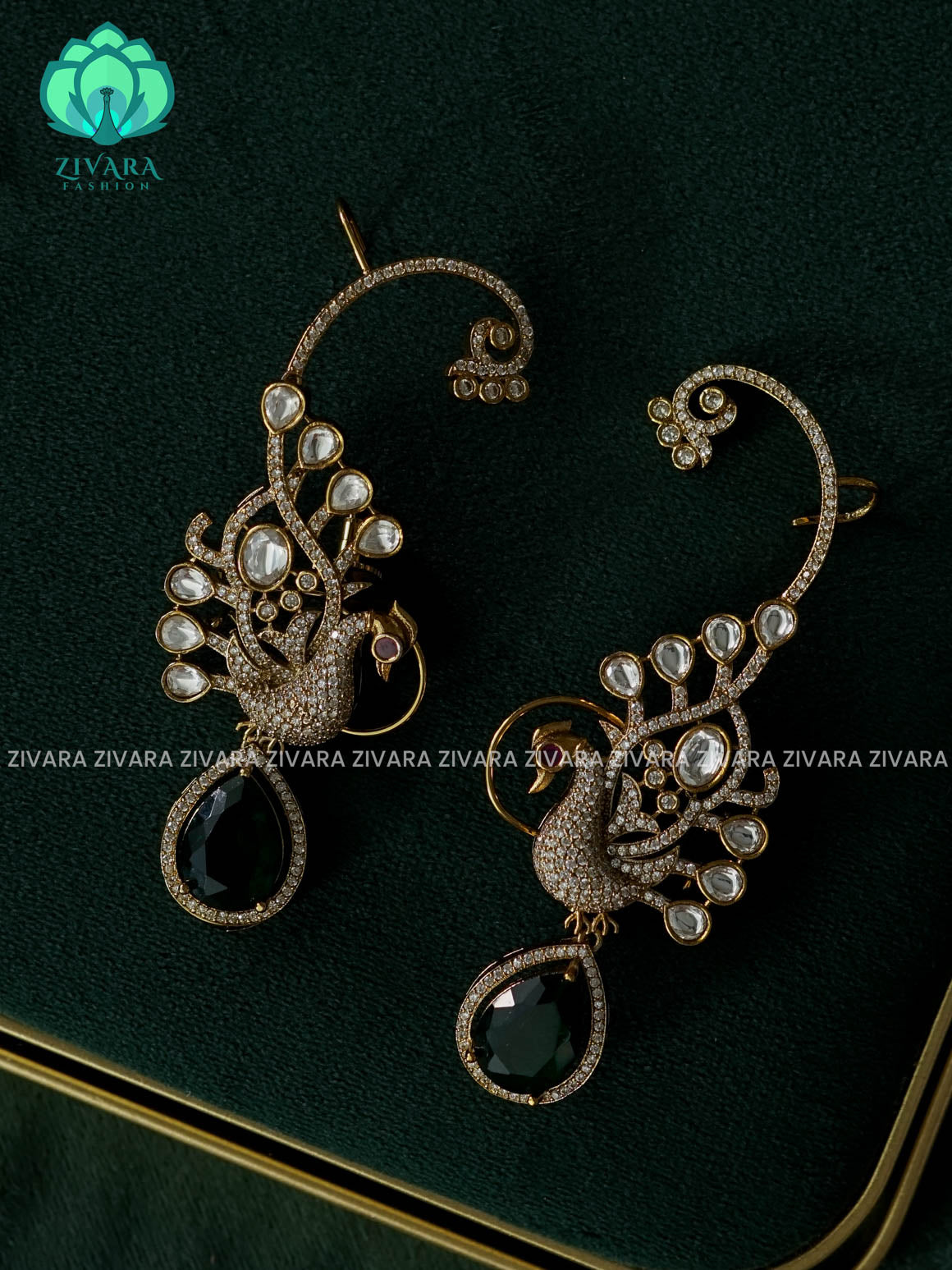 GREEN WHITE PEACOCK STYLISH SEMI EARCUFF latest jewellery collection- zivara fashion