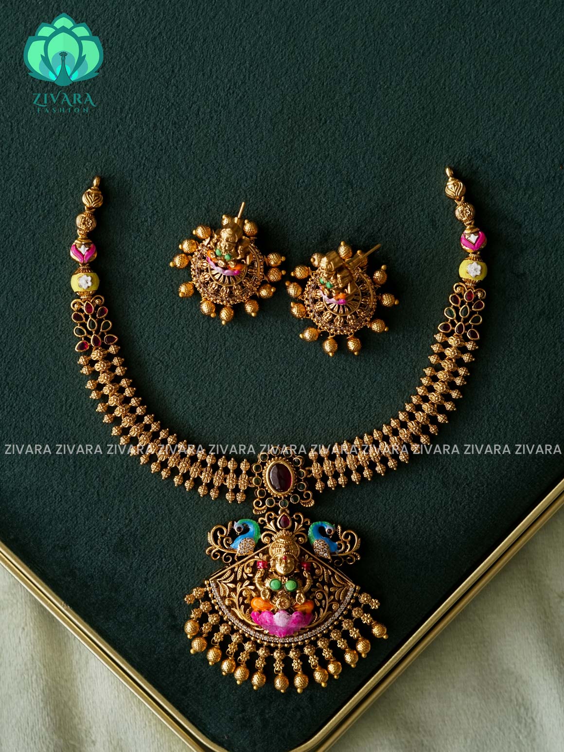 MADHURYA - RUBY AND GREEN STONE LAKSHMI  VINTAGE FINISH  handpainted - Traditional south indian premium neckwear without earrings- Zivara Fashion- latest jewellery design