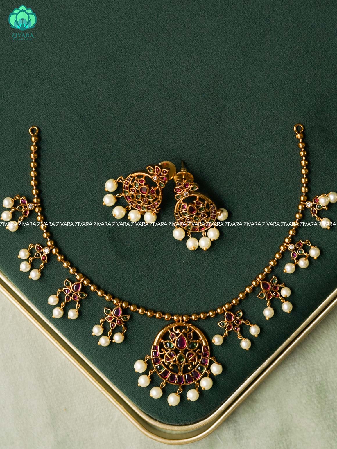 RUBY GREEN  FLEXIBLE CHAIN WITH MOTIF FREE  -Traditional south indian premium neckwear with earrings- Zivara Fashion- latest jewellery design