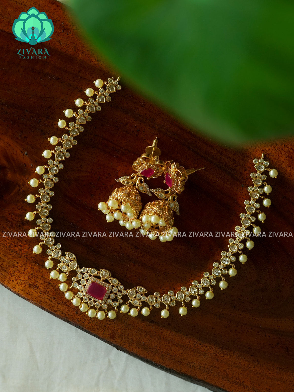 RUBY - MEDIUM SIZE UNCUT POLKI - stylish and minimal elegant neckwear with earrings- Zivara Fashion