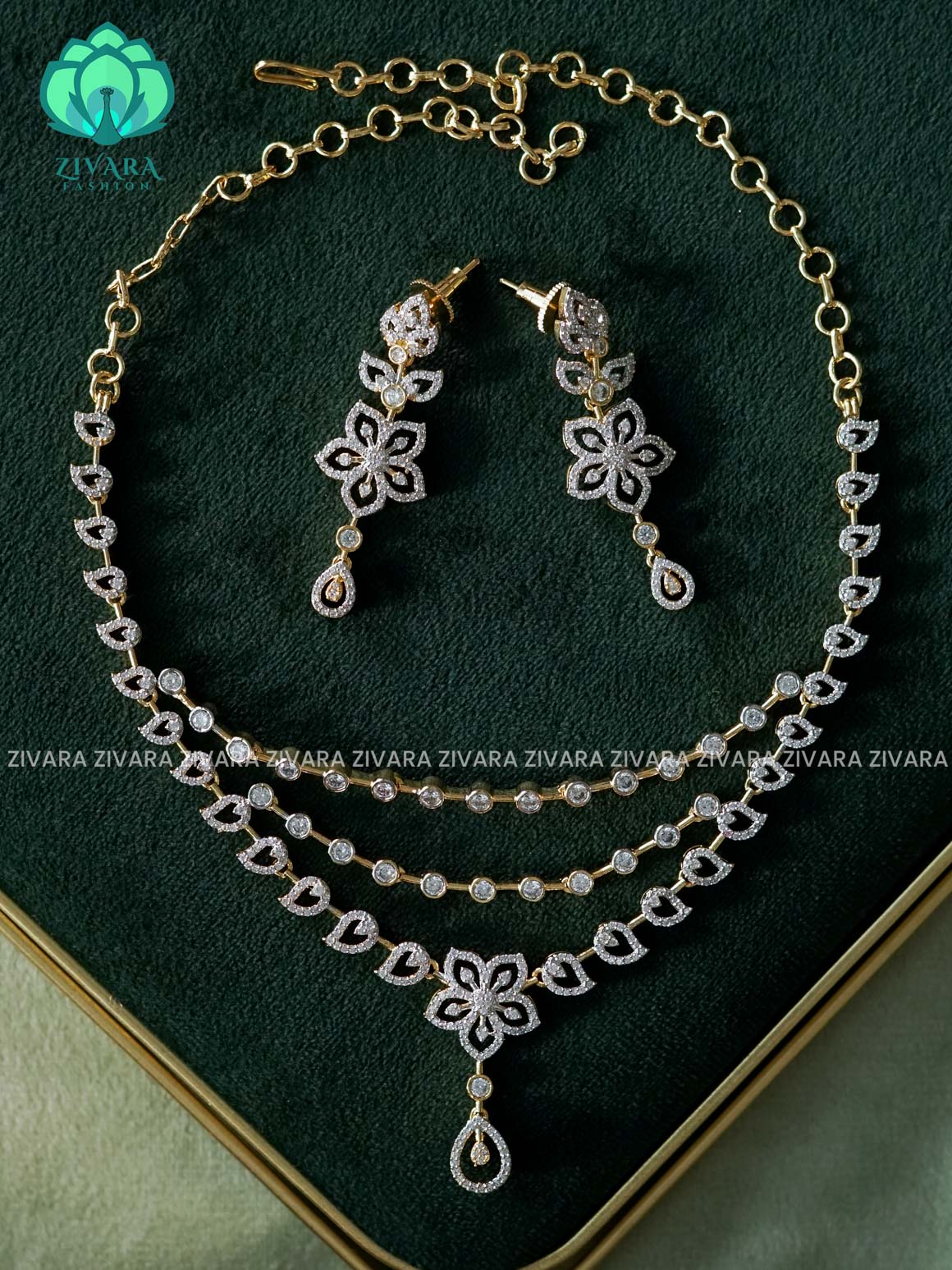 STEP FLORAL  WHITE TEAR HANGINGS  - AD MICROGOLD POLISH WITH EARRING - Zivara Fashion- latest jewellery design