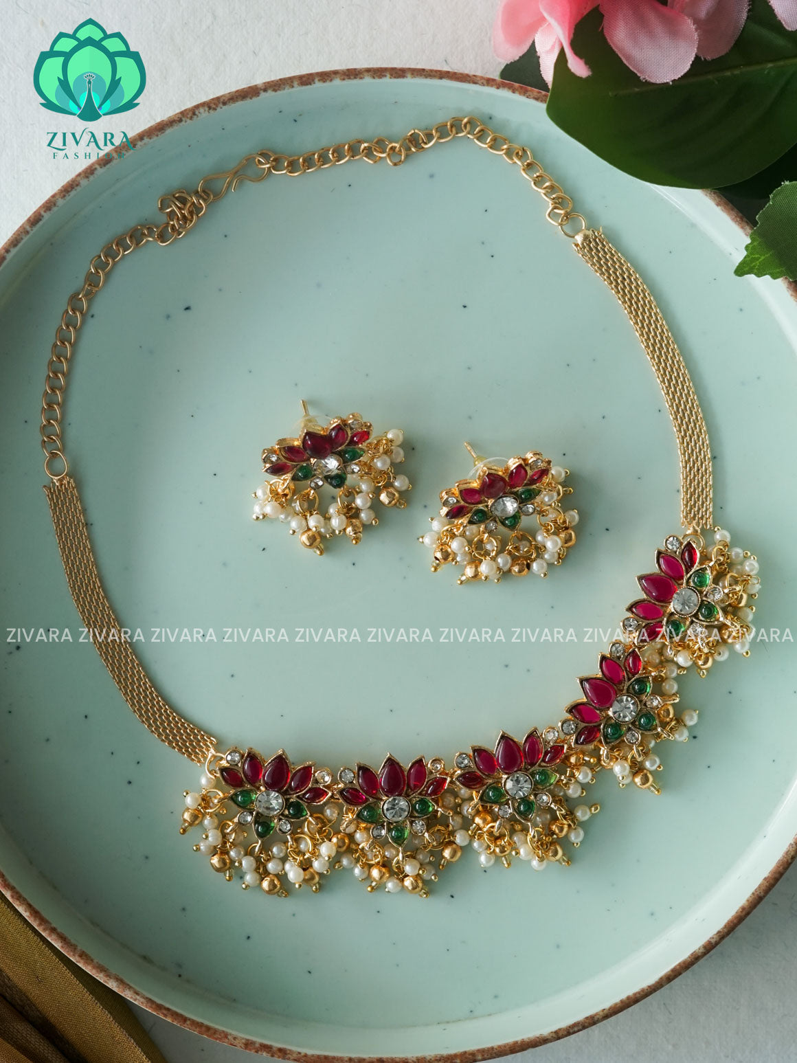 BLOOMING LOTUS NORMAL MATTE  choker with earrings-latest south indian jewellery