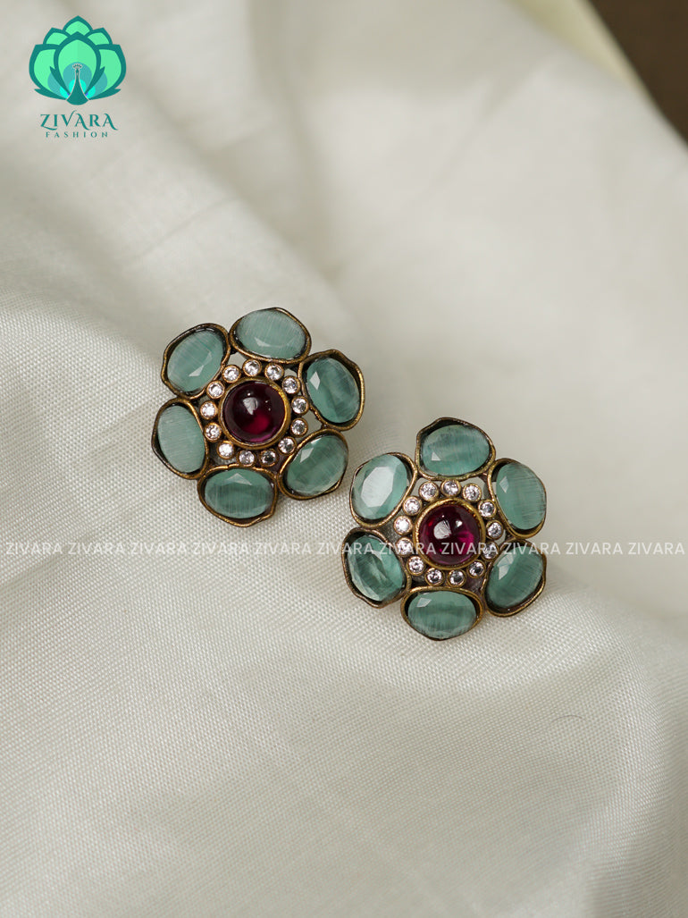 Pastel green victoria flower studs - latest jewellery collection- zivara fashion