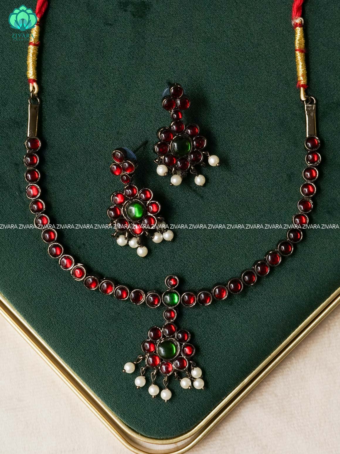 RED AND GREEN BLACK - ARUDHRA - Simple kemp attigai neckwear with  earings - latest kemp dance jewellery collection