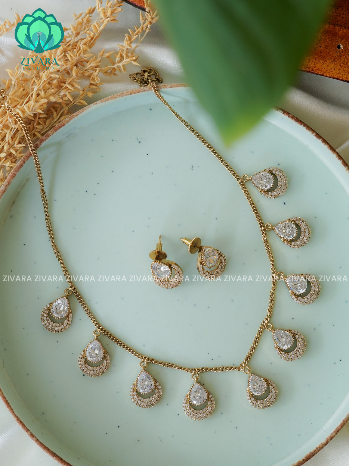 WHITE  - FLEXIBLE CHAIN WITH HANGING TEAR -Traditional south indian premium neckwear with earrings- Zivara Fashion- latest jewellery design