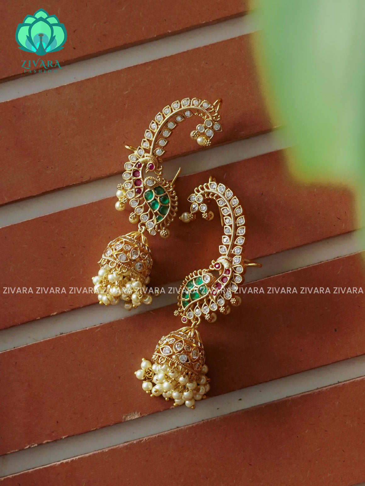 EARCUFF PEACOCK TRADITIONAL PREMIUM MATTE  polish JHUMKA- latest jewellery collection- zivara fashion
