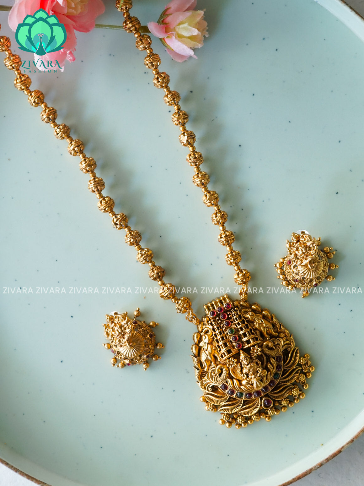 VISHALI GOLD BALL AND TEMPLE PENDANT BALL CHAIN - Traditional NORMAL MATTE polish MIDCHEST haaram/neckwear with earrings- Zivara Fashion