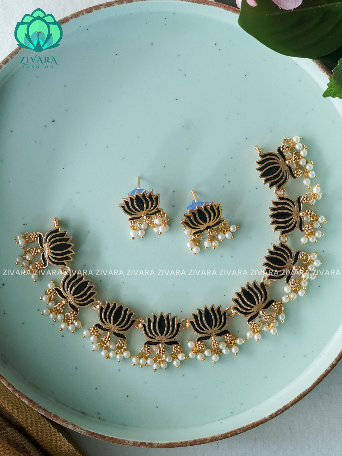 MANJU WARRIER  inspired BLACKTrending NORMAL MATTE lotus enamel neckwear with earrings- Zivara Fashion- latest jewellery design