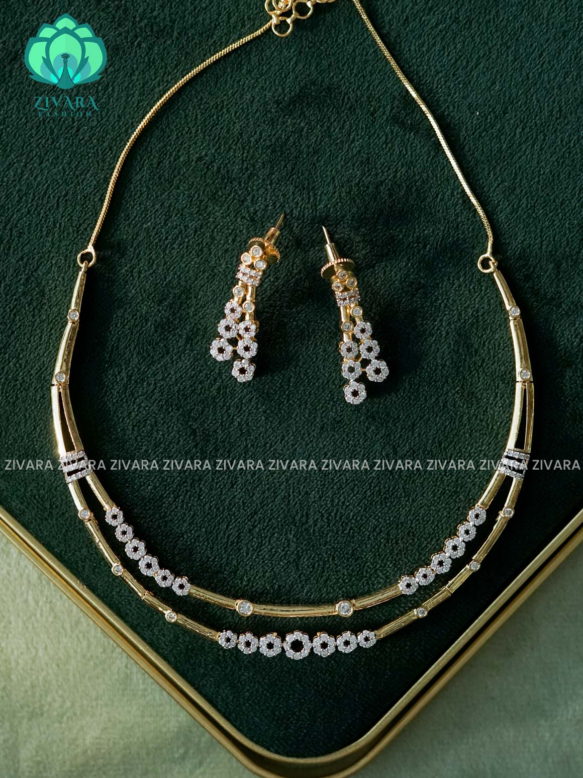 STEP WHITE STONE   - AD MICROGOLD POLISH NECKWEAR WITH EARRING - Zivara Fashion- latest jewellery design