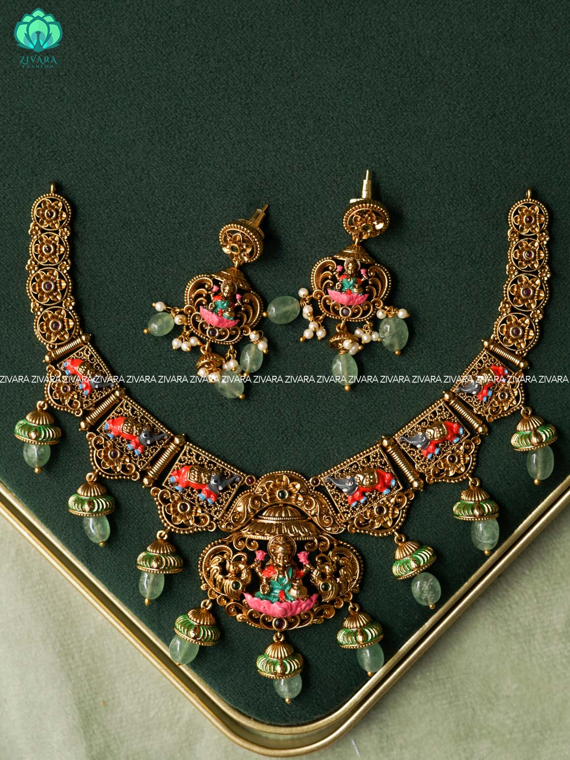 MADHURYA -  GRAND BRIDAL VINTAGE FINISH  handpainted - Traditional south indian premium neckwear with earrings- Zivara Fashion- latest jewellery design