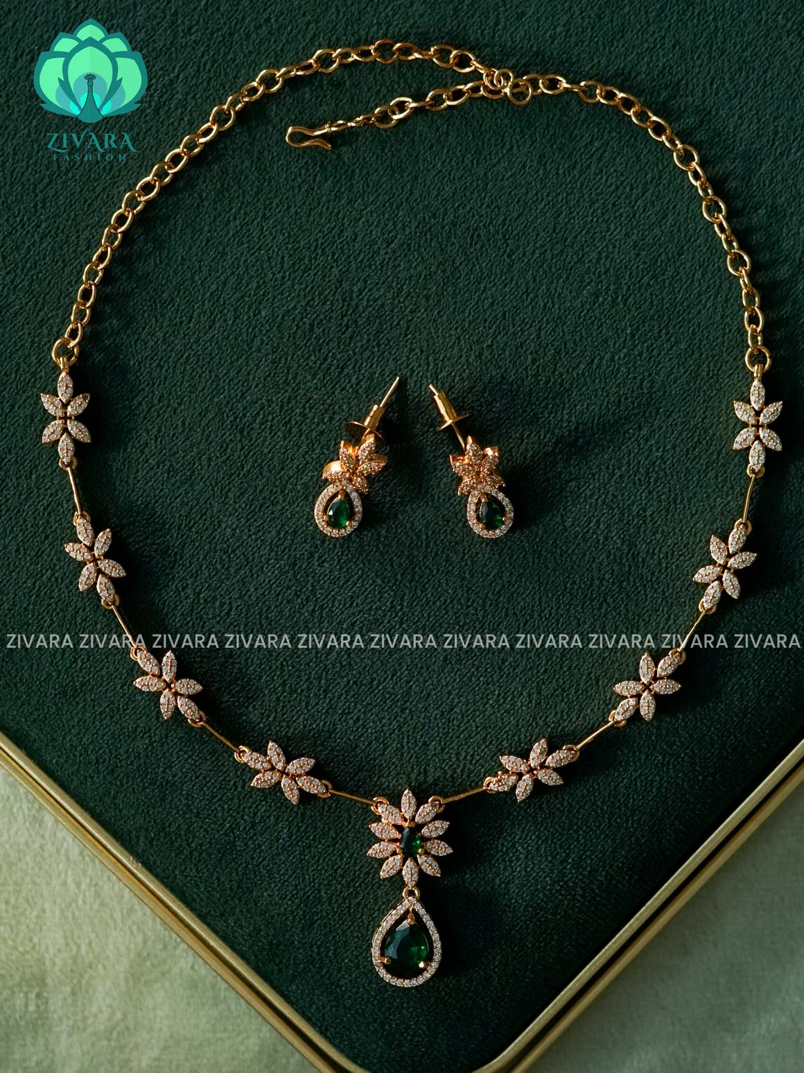 GREEN STONE STAR -  stylish and minimal elegant neckwear with earrings- Zivara Fashion