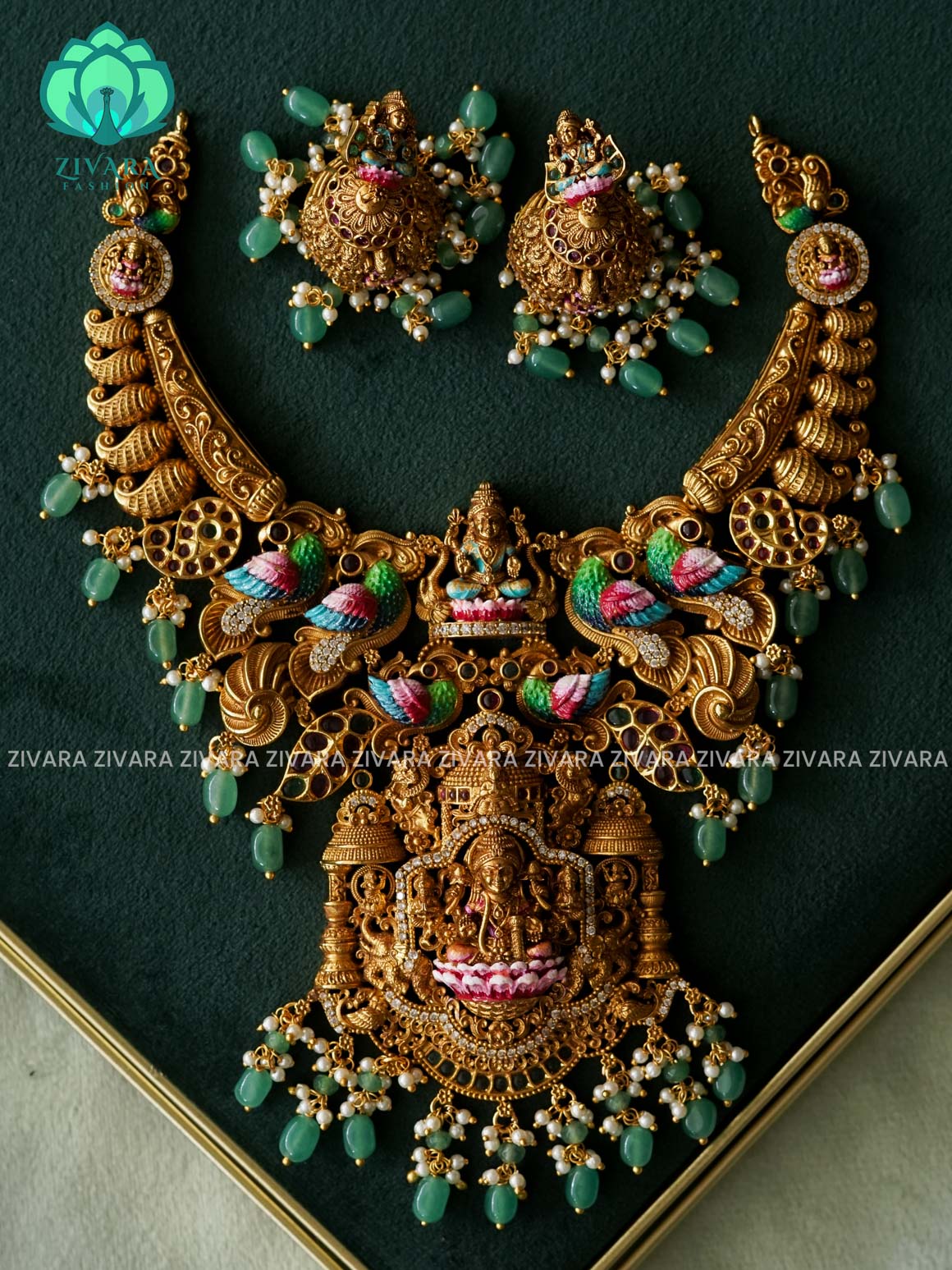 MADHURYA - LAKSHMI WITH GREEN BEADS GRAND BRIDAL VINTAGE FINISH  handpainted - Traditional south indian premium neckwear with earrings- Zivara Fashion- latest jewellery design