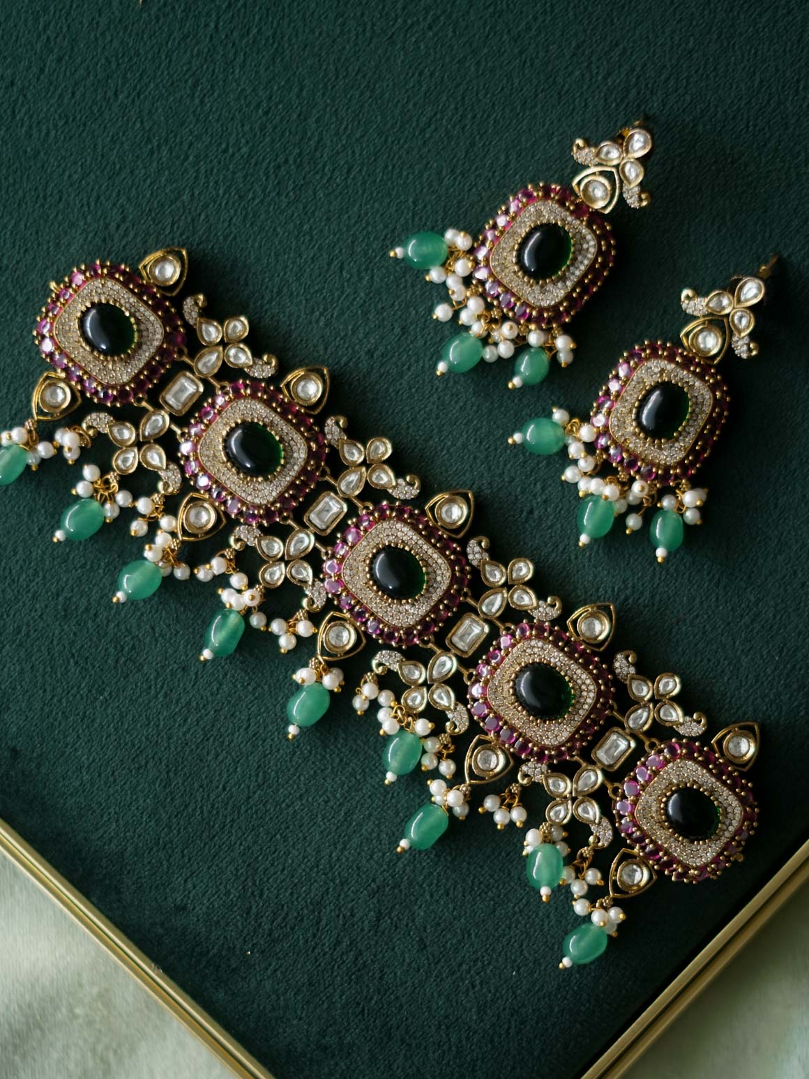 AKSHAYAM - BRIDAL KUNDAN & MOZANITE CHOKER WITH GREEN BEADS - TRADITIONAL CHOKER COLLECTION WITH EARRINGS- LATEST JEWELLERY COLLECTION