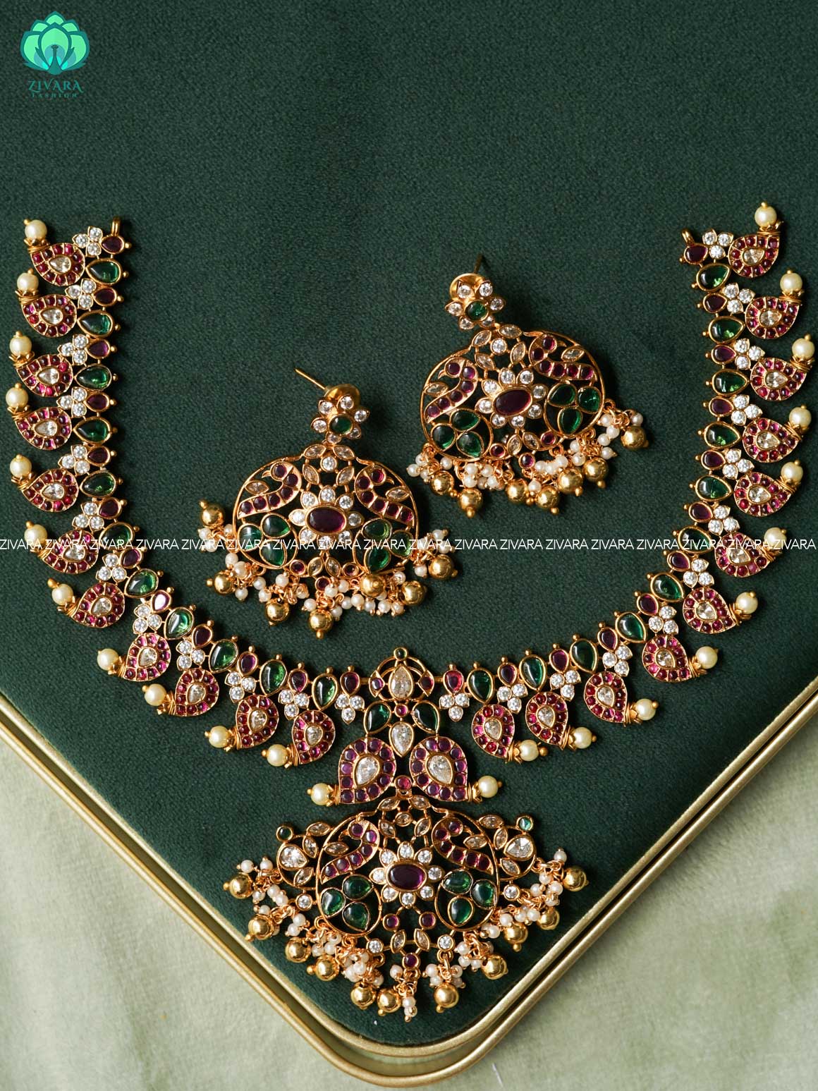 AKSHAYAM - REAL KEMP MANGA PEACOCK NECKWEAR - Traditional south indian premium neckwear with earrings- Zivara Fashion- latest jewellery design