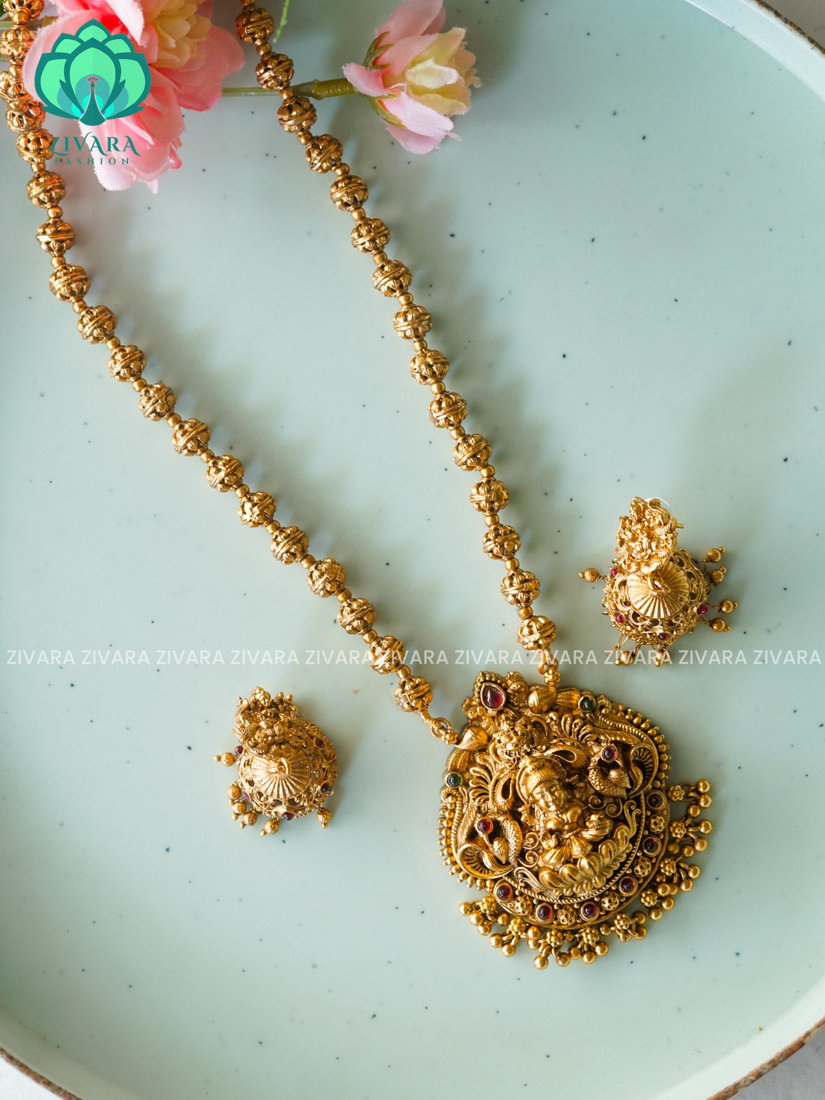 VISHALI GOLD BALL AND TEMPLE PENDANT BALL CHAIN - Traditional NORMAL MATTE polish MIDCHEST haaram/neckwear with earrings- Zivara Fashion