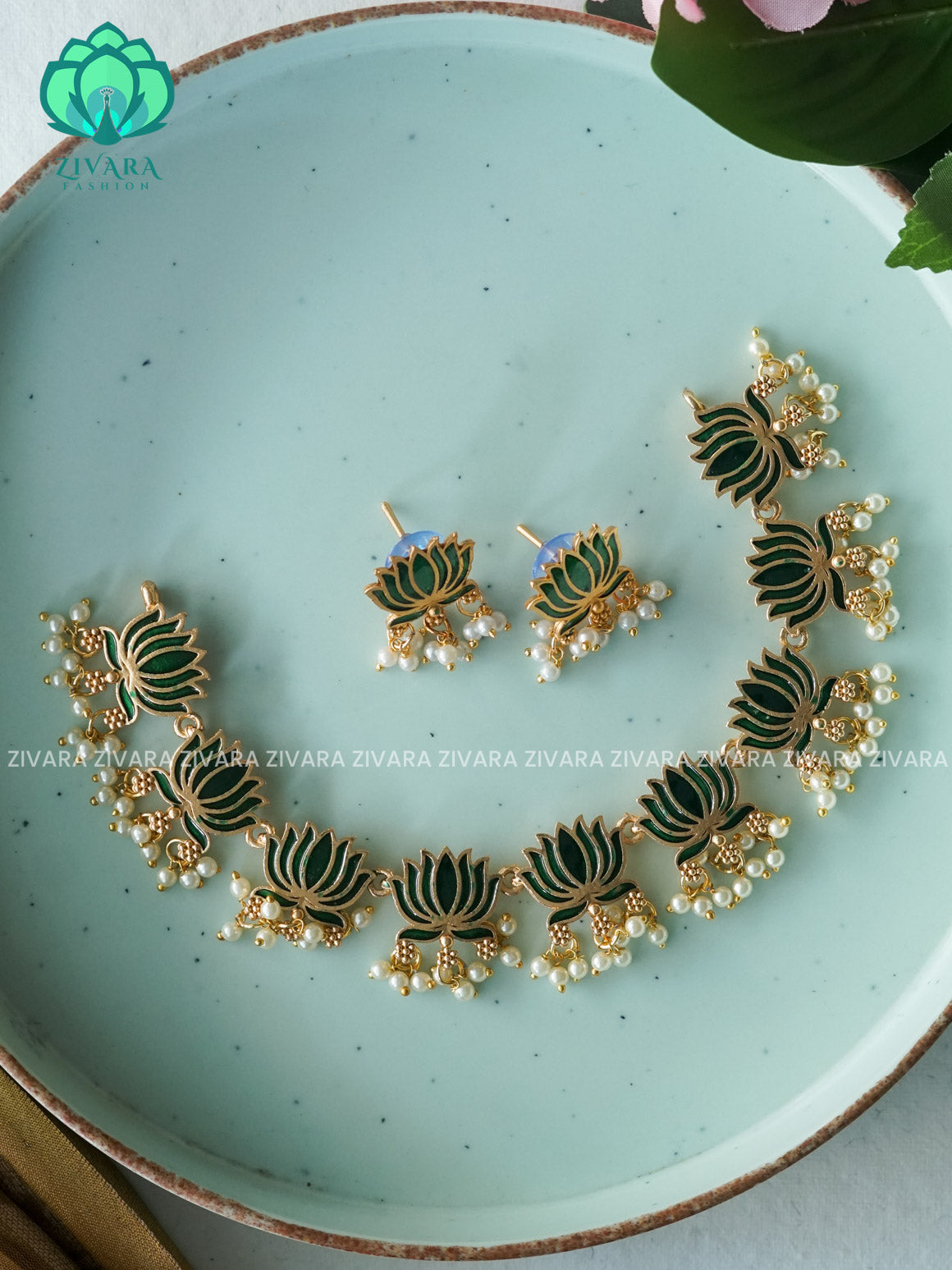 MANJU WARRIER  inspired GREEN Trending NORMAL MATTE lotus enamel neckwear with earrings- Zivara Fashion- latest jewellery design