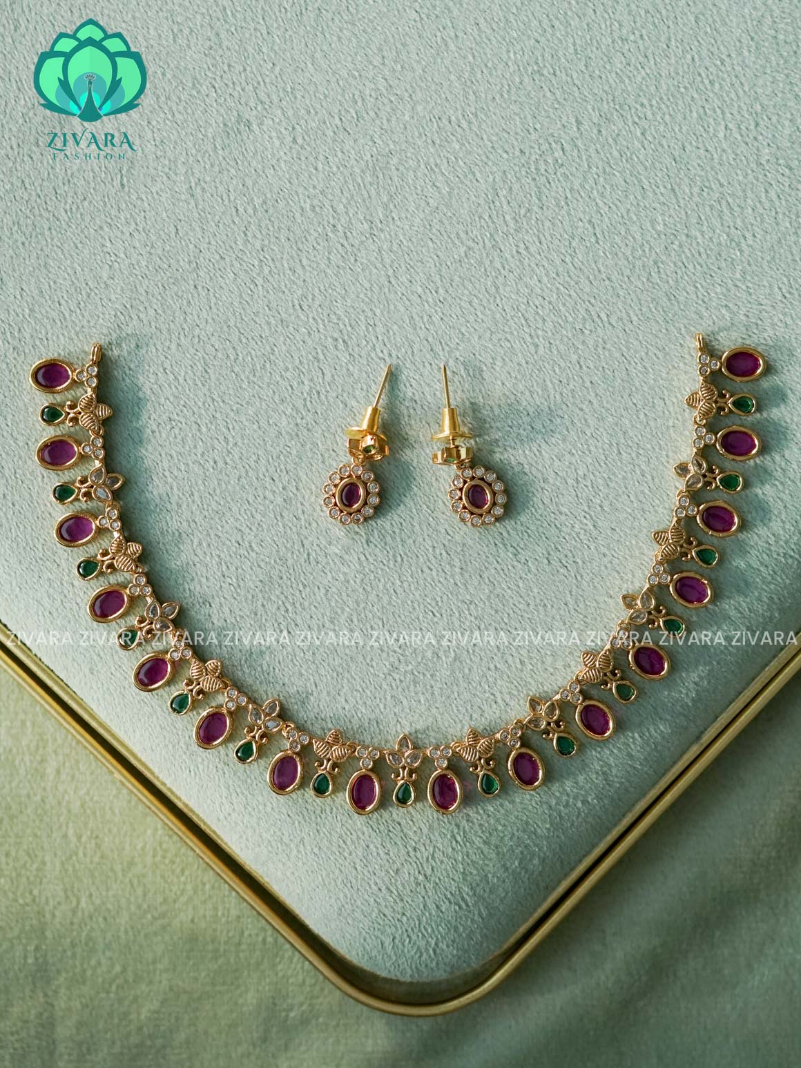 REAL KEMP OVAL MOTIF   - FLEXIBLE CHAIN WITH HANGING -Traditional south indian premium neckwear with earrings- Zivara Fashion- latest jewellery design